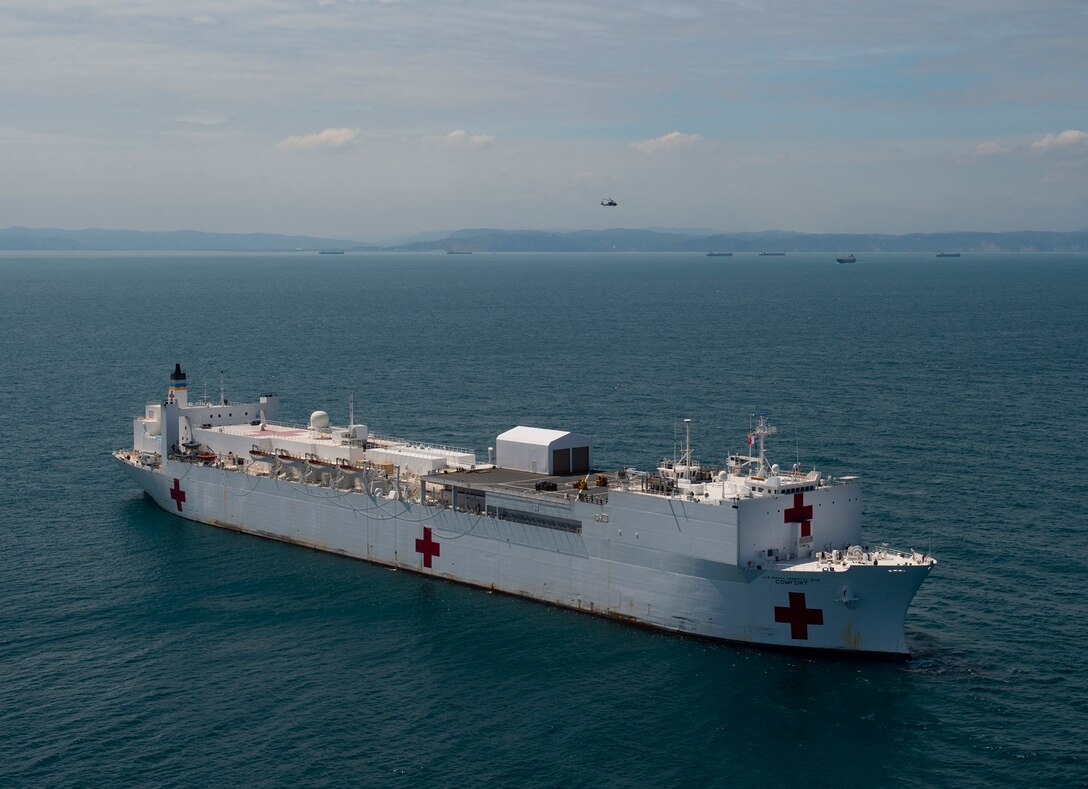 The hospital ship USNS Comfort (T-AH 20) is stationed off the coast of Ecuador.