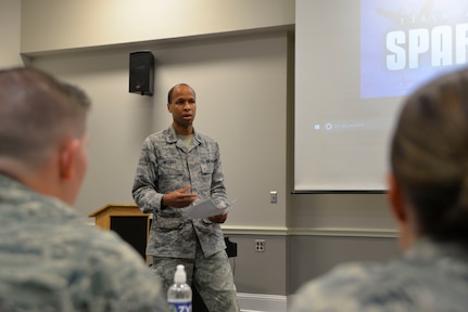 U.S. Air Force Capt. Jeremy McCray, 136th Medical Group Medical Service Corps officer, presents his idea for a secure, digital faxing system to a panel of 136th Airlift Wing Airmen during the wing’s Spark Tank competition Oct. 20, 2018.