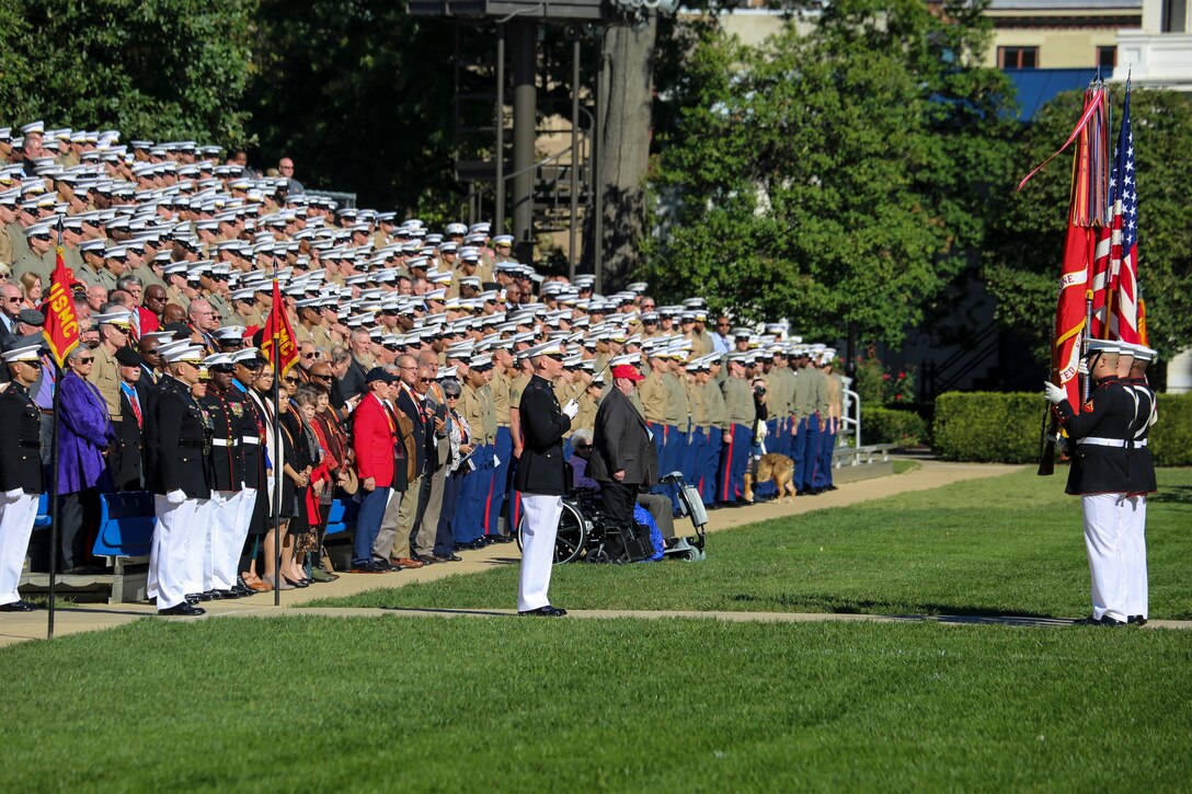 Chief Warrant Officer 2 Richard Woodall, parade adjutant, Marine Barracks Washington D.C., executes sword manual during a parade for retired U.S. Marine Corps Sgt. Maj. John L. Canley, the 298th Marine Medal of Honor recipient at the Barracks, Oct. 19, 2017. It is tradition for the Barracks to host a parade for Marines who are awarded the Medal of Honor, our nation’s highest and most prestigious personal military decoration. (U.S. Marine Corps photo by Sgt. Robert Knapp/Released)