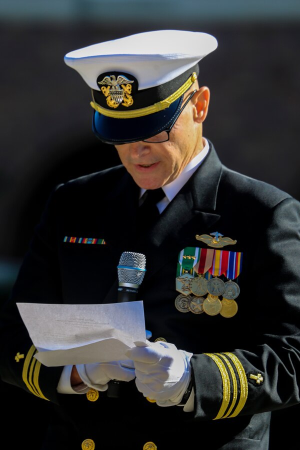 Lieutenant Cmdr. Robert L. Crabb, Chaplain of the U.S. Navy, delivers the invocation during a parade for retired U.S. Marine Corps Sgt. Maj. John L. Canley, the 298th Marine Medal of Honor recipient, at Marine Barracks Washington D.C., Oct. 19, 2017. It is tradition for the Barracks to host a parade for Marines who are awarded the Medal of Honor, our nation’s highest and most prestigious personal military decoration. (U.S. Marine Corps photo by Cpl. Damon Mclean/Released)