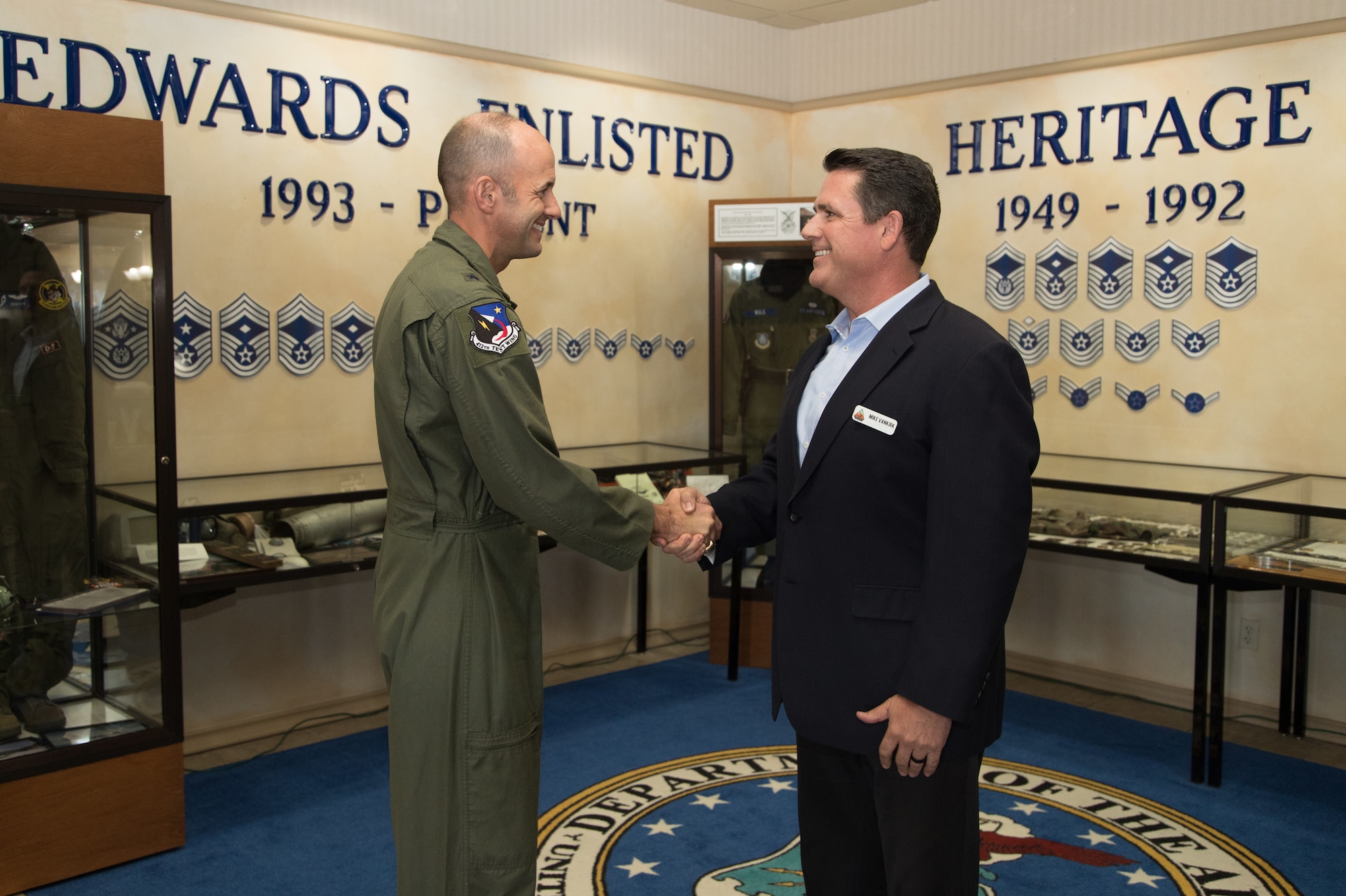 Brig. Gen. E. John Teichert, 412th Test Wing Commander, and Mike VanKirk, Los Angeles County Air Show Board President, met at Edwards Air Force Base on Sept. 26 to begin working toward solidifying a formal multi-year partnership to conduct air shows at William J. Fox Airfield and Edwards Air Force Base. (U.S. Air Force photo by Donald R. Allen)
