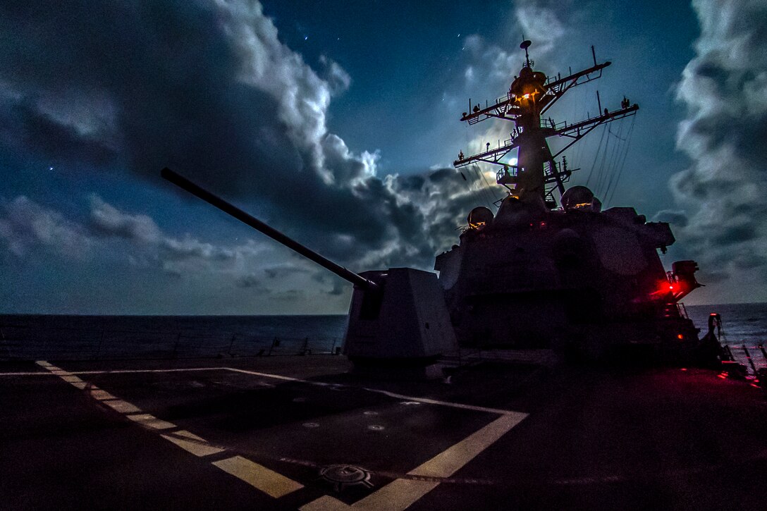The USS Jason Dunham operates in the Gulf of Aden  at night.