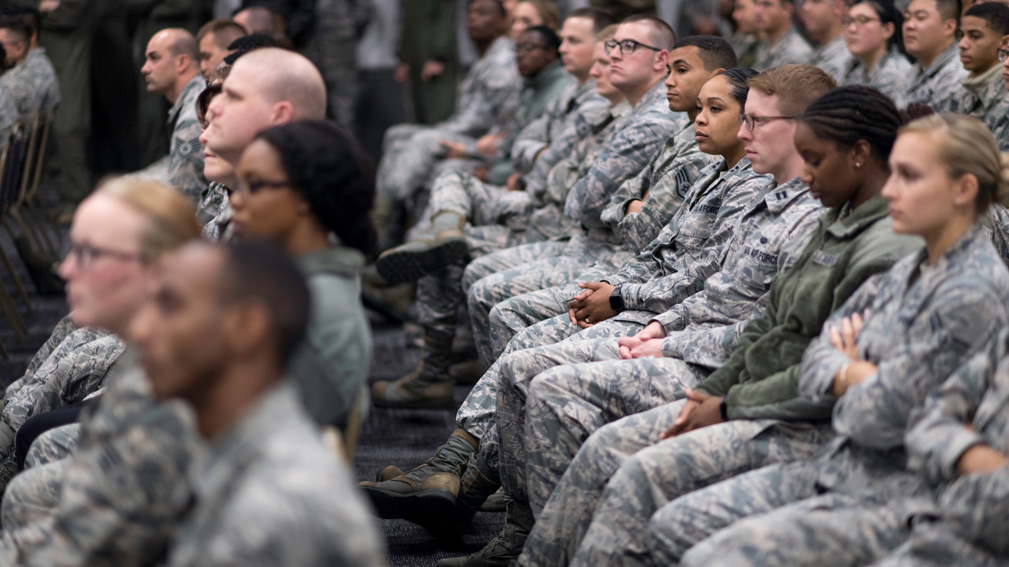 Barksdale Airmen listen to Gen. Timothy Ray, Air Force Global Strike Command commander, during a commander’s call at Barksdale Air Force Base, Louisiana, Oct. 17, 2018. Ray spoke about the expectations for the command culture and climate Ray spoke about the expectations for the command culture and climate. He also covered his focus areas of exhibiting excellence as professional warfighters, building integrated teams, and developing people both personally and professionally to produce trained and ready Airmen