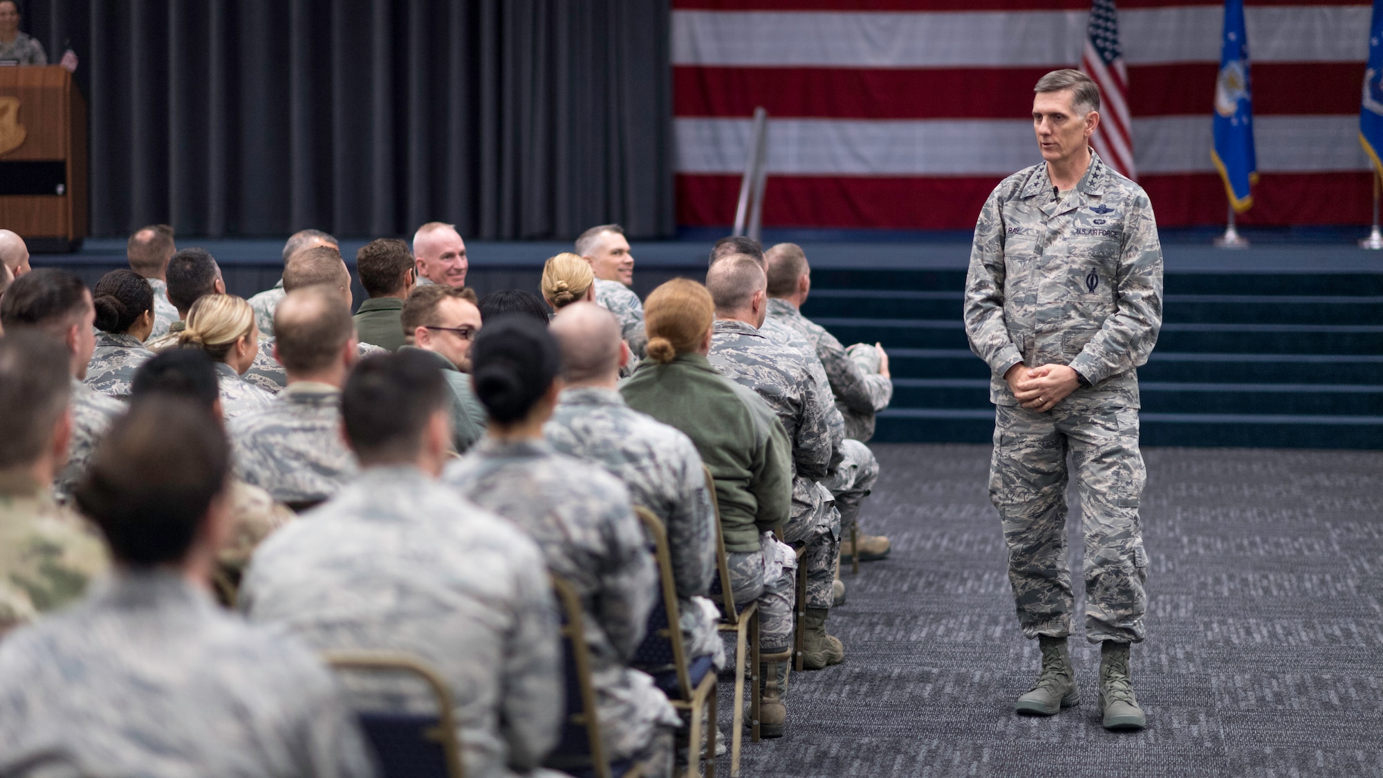 Gen. Timothy Ray, Air Force Global Strike Command Commander, speaks to Airmen during a commander’s call at Barksdale Air Force Base, Louisiana, Oct. 17, 2018. Ray spoke about the expectations for the command culture and climate. He also covered his focus areas of exhibiting excellence as professional warfighters, building integrated teams, and developing people both personally and professionally to produce trained and ready Airmen.