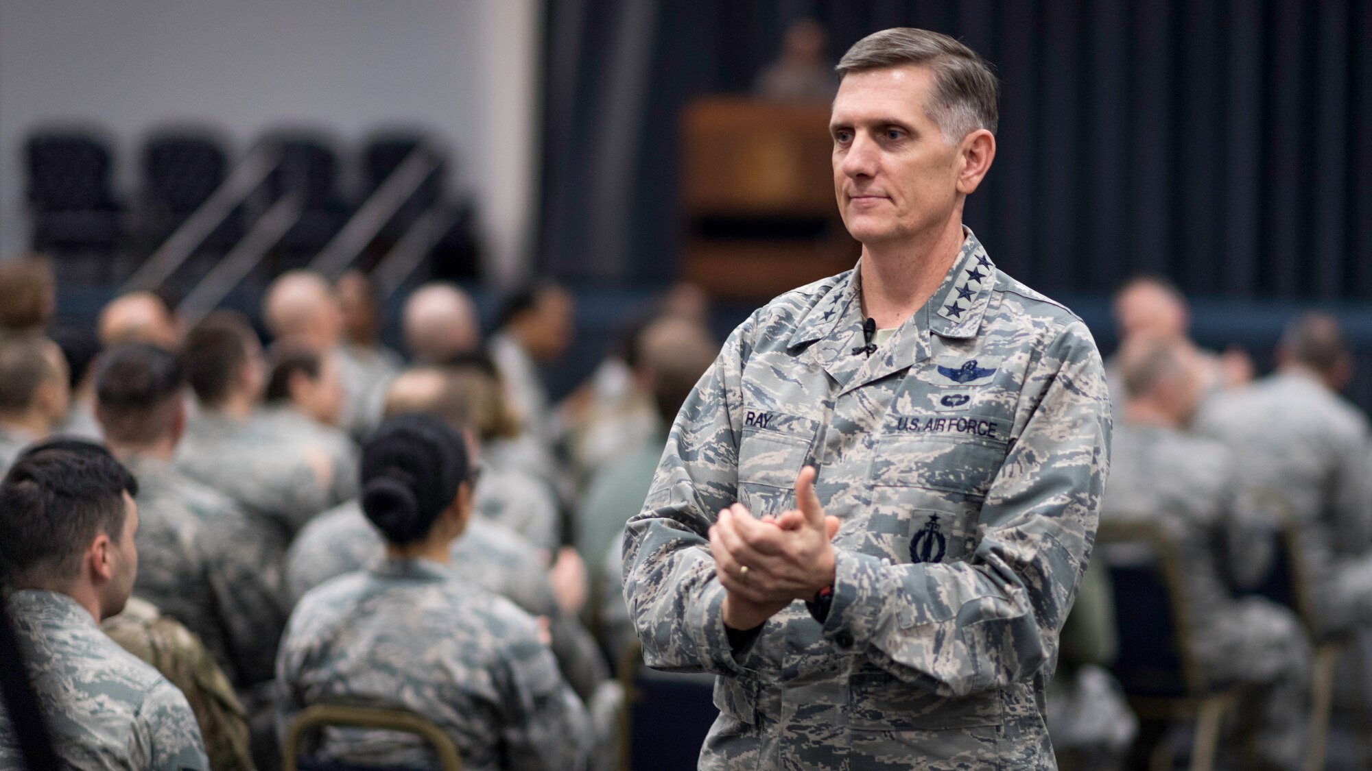 Gen. Timothy Ray, Air Force Global Strike Command commander, hosts a commander’s call during a visit with 2nd Bomb Wing Airmen at Barksdale Air Force Base, Louisiana, Oct. 17, 2018. Ray spoke about the expectations for the command culture and climate. He also covered his focus areas of exhibiting excellence as professional warfighters, building integrated teams, and developing people both personally and professionally to produce trained and ready Airmen.