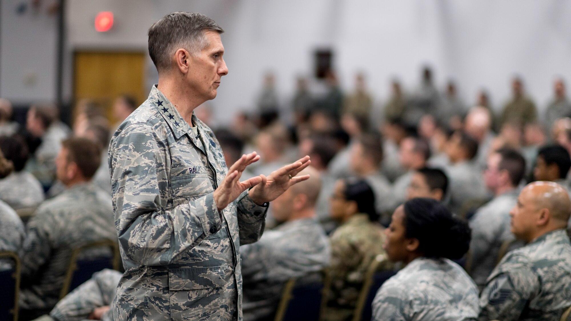 Gen. Timothy Ray, Air Force Global Strike Command commander, addresses a question posed by an Airman during a commander’s call at Barksdale Air Force Base, Louisiana, Oct. 17, 2018.  Ray spoke about the expectations for the command culture and climate. He also covered his focus areas of exhibiting excellence as professional warfighters, building integrated teams, and developing people both personally and professionally to produce trained and ready Airmen