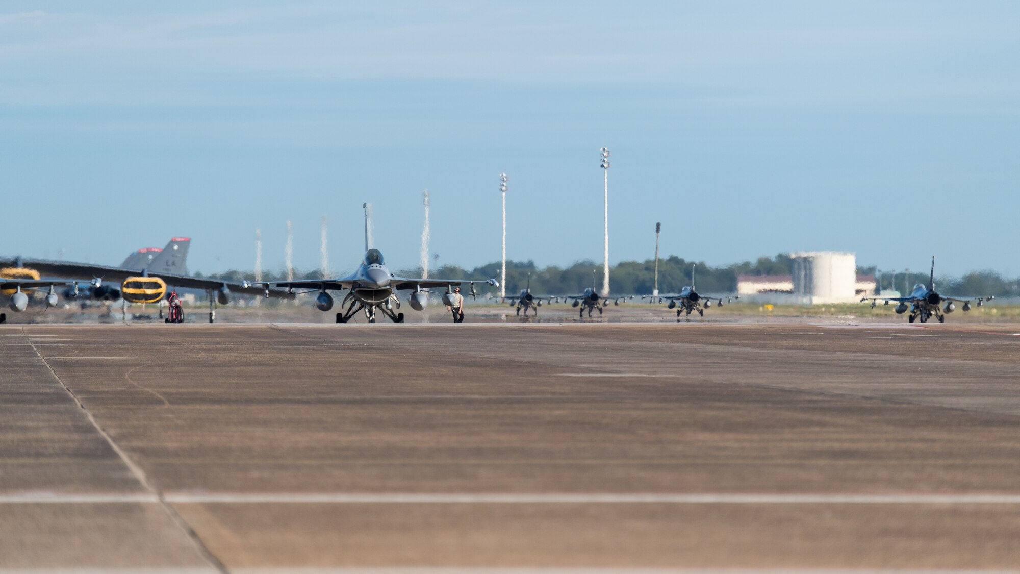F-35 Lightning aircraft from Eglin Air Force Base, Fla., prepare for takeoff at Barksdale Air Force Base, La., Oct. 12, 2018. The aircraft evacuated to Barksdale to avoid possible damage from Hurricane Michael. (U.S. Air Force photo by Airman 1st Class Lillian Miller)