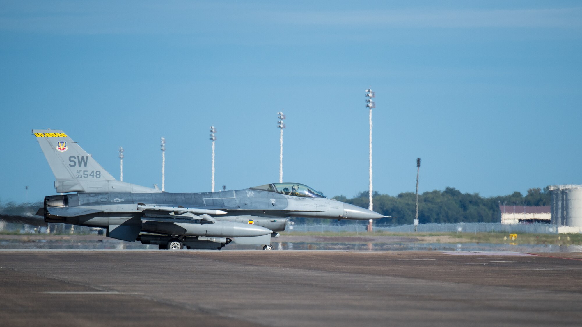 An F-16 Fighting Falcon from Shaw Air Force Base, S.C., prepares to takeoff at Barksdale Air Force Base, La., Oct. 12, 2018. The aircraft evacuated to Barksdale to avoid possible damage from Hurricane Michael. (U.S. Air Force photo by Airman 1st Class Lillian Miller)