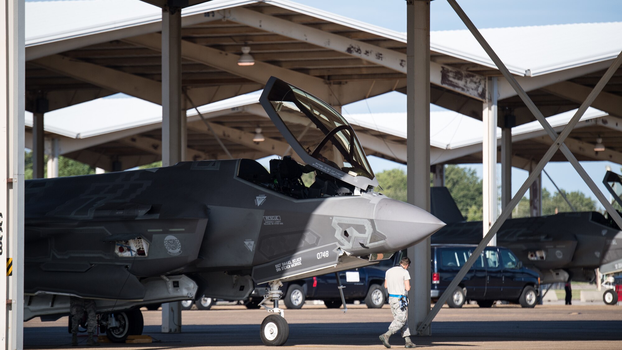 Aircrew from Eglin Air Force Base, Fla., prepare an F-35 Lightning for takeoff at Barksdale Air Force Base, La., Oct. 12, 2018. The aircraft evacuated to Barksdale to avoid possible damage from Hurricane Michael. (U.S. Air Force photo by Airman 1st Class Lillian Miller)