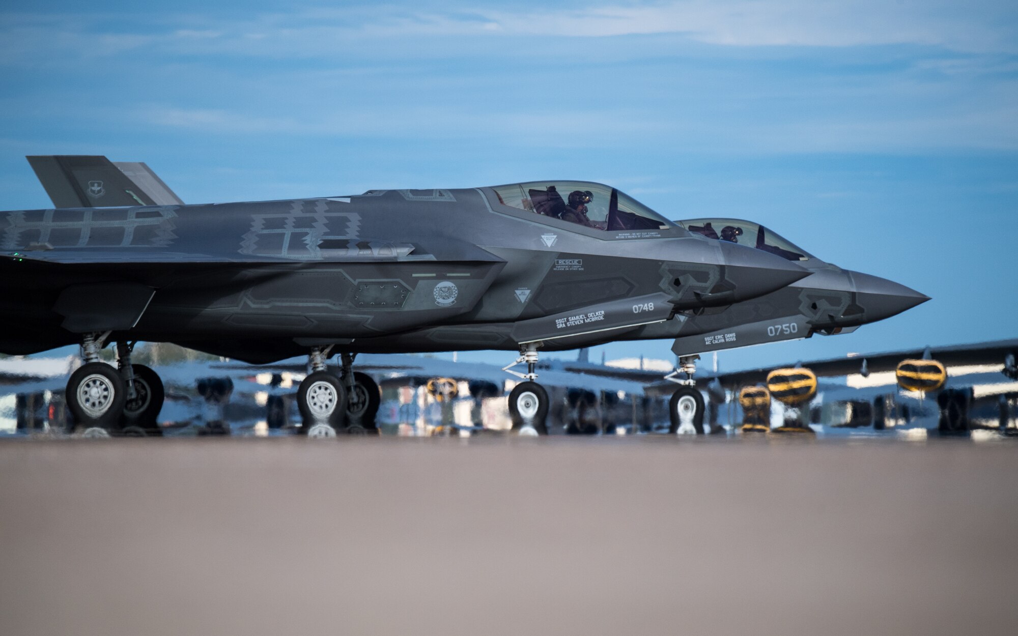 F-35 Lightning aircraft from Eglin Air Force Base, Fla., prepare for takeoff at Barksdale Air Force Base, La., Oct. 12, 2018. The aircraft evacuated to Barksdale to avoid possible damage from Hurricane Michael. (U.S. Air Force photo by Airman 1st Class Lillian Miller)