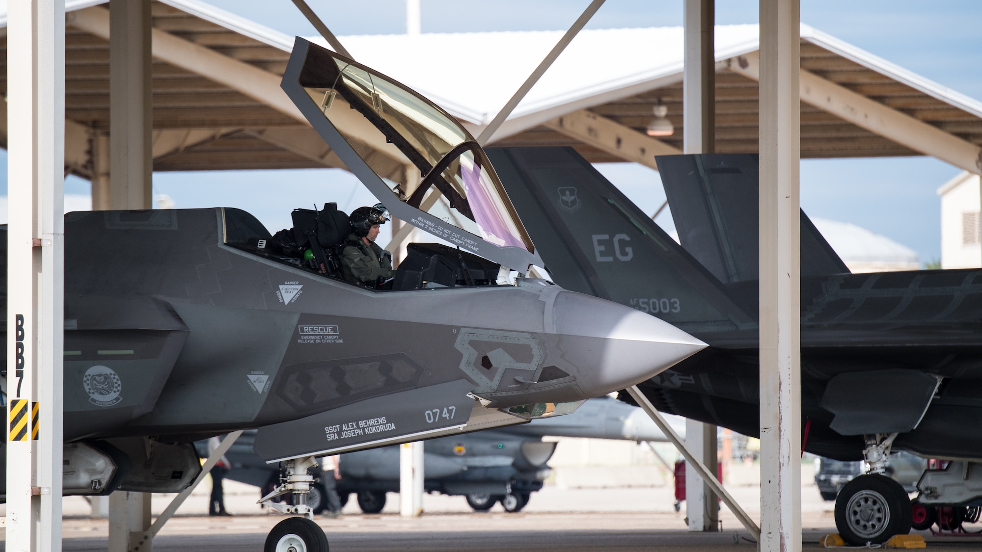 Aircrew from Eglin Air Force Base, Fla., prepare an F-35 Lightning for takeoff at Barksdale Air Force Base, La., Oct. 12, 2018. The aircraft evacuated to Barksdale to avoid possible damage from Hurricane Michael. (U.S. Air Force photo by Airman 1st Class Lillian Miller)