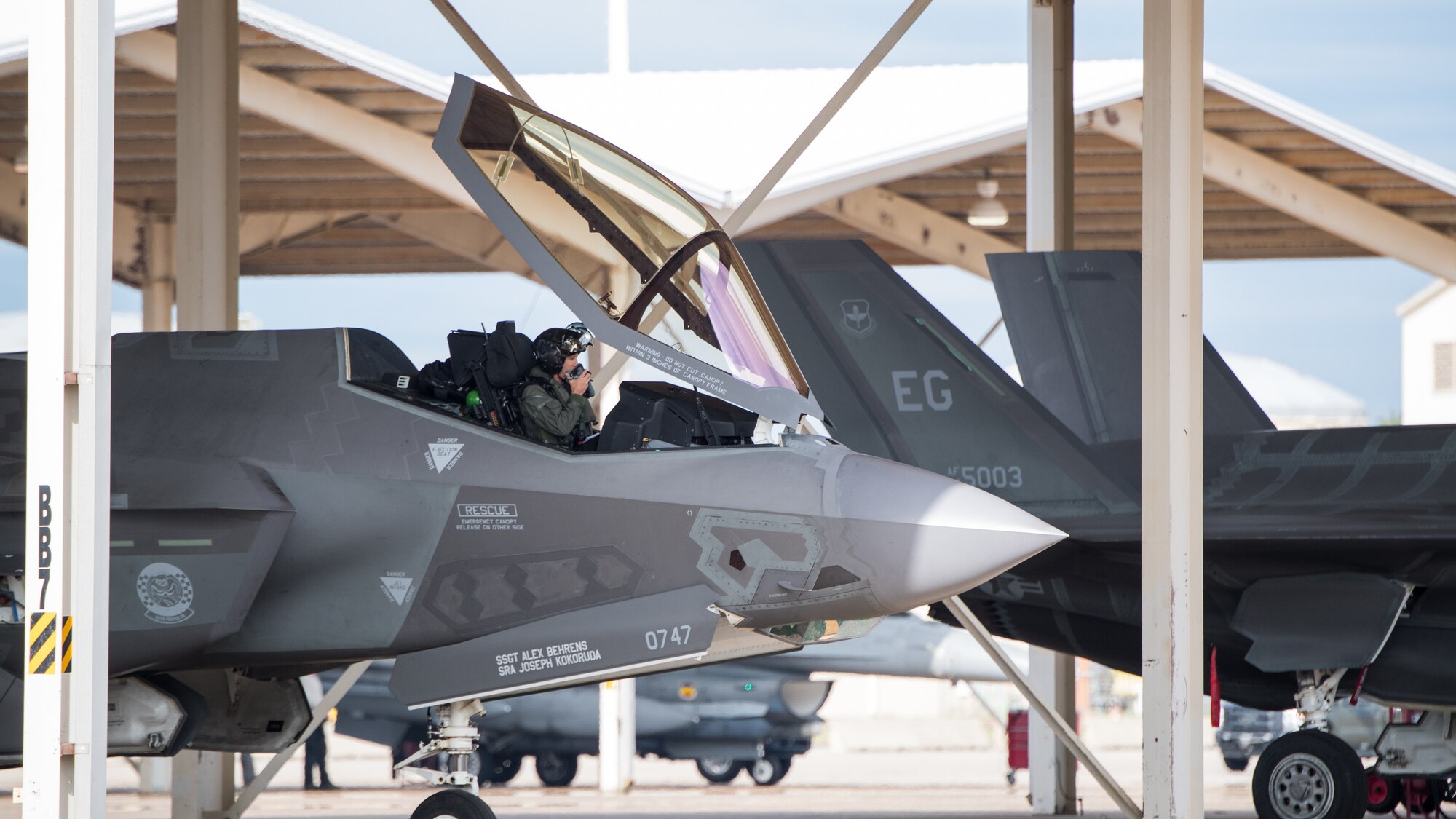 Aircrew from Eglin Air Force Base, Fla., prepare an F-35 Lightning for takeoff at Barksdale Air Force Base, La., Oct. 12, 2018. The aircraft evacuated to Barksdale to avoid possible damage from Hurricane Michael. (U.S. Air Force photo by Airman 1st Class Lillian Miller)