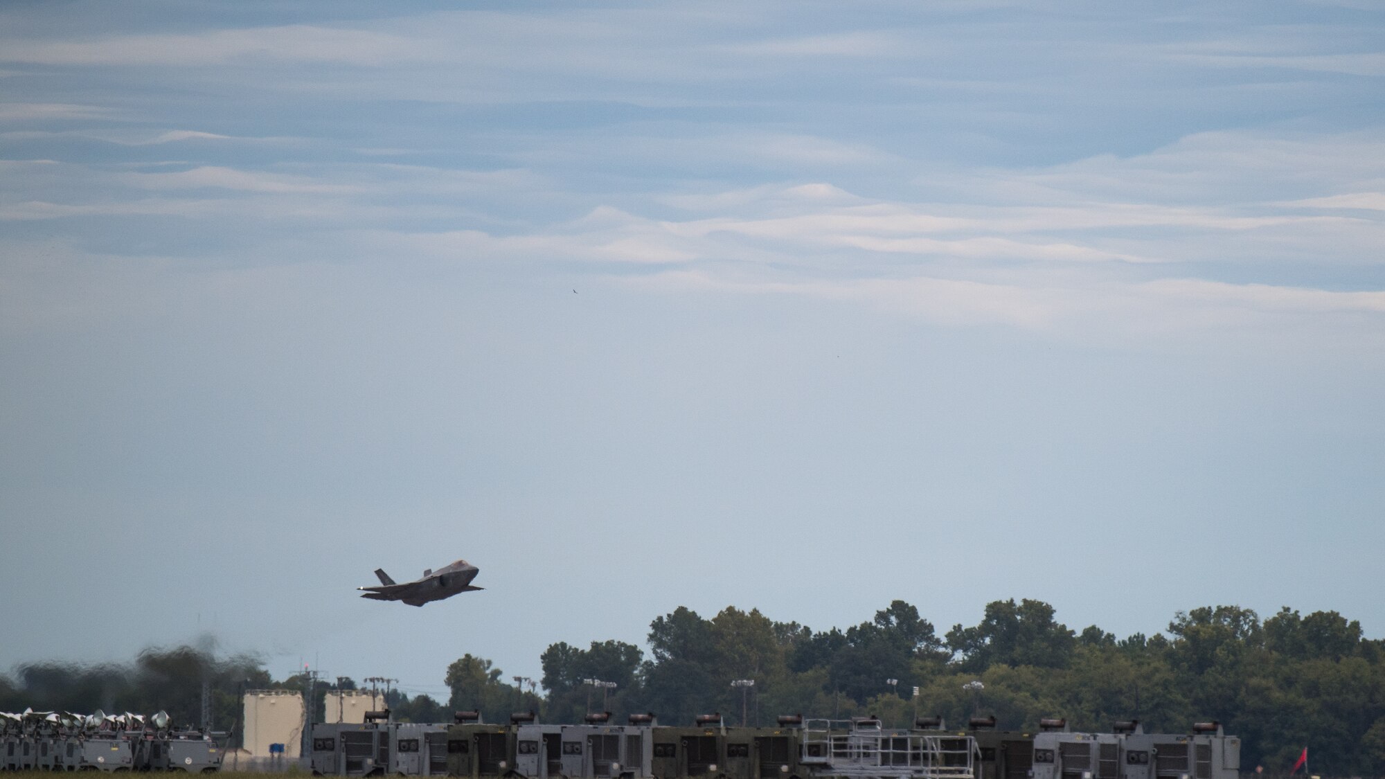 An F-35 Lightning from Eglin Air Force Base, Fla., takes flight at Barksdale Air Force Base, La., Oct. 12, 2018. The aircraft evacuated to Barksdale to avoid possible damage from Hurricane Michael. (U.S. Air Force photo by Airman 1st Class Lillian Miller)