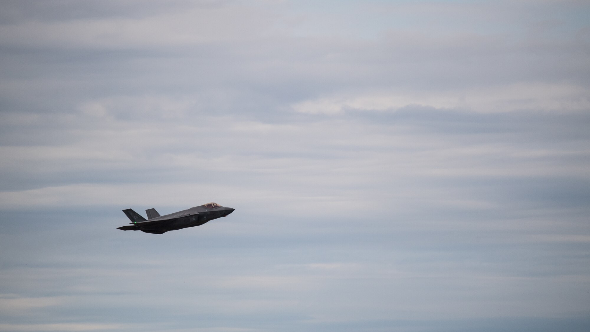 An F-35 Lightning from Eglin Air Force Base, Fla., takes flight at Barksdale Air Force Base, La., Oct. 12, 2018. The aircraft evacuated to Barksdale to avoid possible damage from Hurricane Michael. (U.S. Air Force photo by Airman 1st Class Lillian Miller)