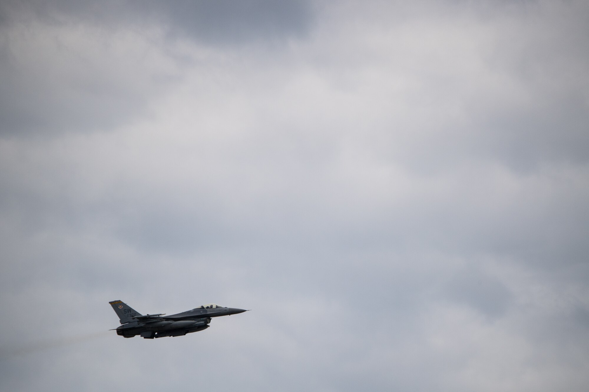 An F-16 Fighting Falcon from Shaw Air Force Base, S.C., takes flight at Barksdale Air Force Base, La., Oct. 12, 2018. The aircraft evacuated to Barksdale to avoid possible damage from Hurricane Michael. (U.S. Air Force photo by Airman 1st Class Lillian Miller)