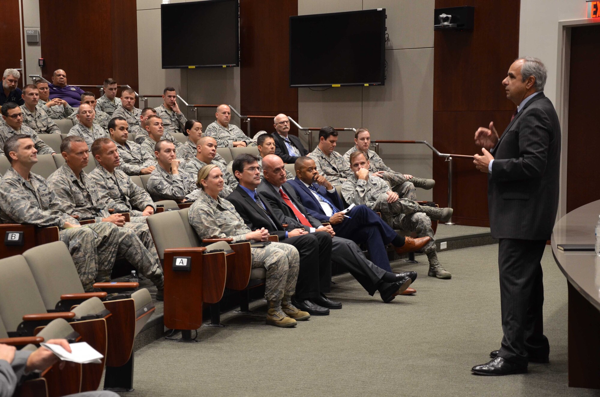 Dr. Richard J. Joseph, Chief Scientist of the Air Force, speaks to members of the Air Force Technical Applications Center in the nuclear treaty monitoring center's Doyle Northrup Auditorium at Patrick AFB, Fla.  Joseph attended AFTAC annual Research and Development Roadmap Forum to discuss innovative concepts that fit into the center's technical forensics mission.  (U.S. Air Force photo by William M. Donelson)