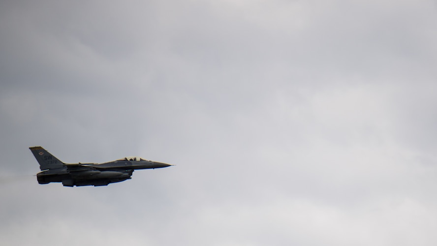 An F-16 Fighting Falcon from Shaw Air Force Base, S.C., takes flight at Barksdale Air Force Base, La., Oct. 12, 2018. The aircraft evacuated to Barksdale to avoid possible damage from Hurricane Michael. (U.S. Air Force photo by Airman 1st Class Lillian Miller)