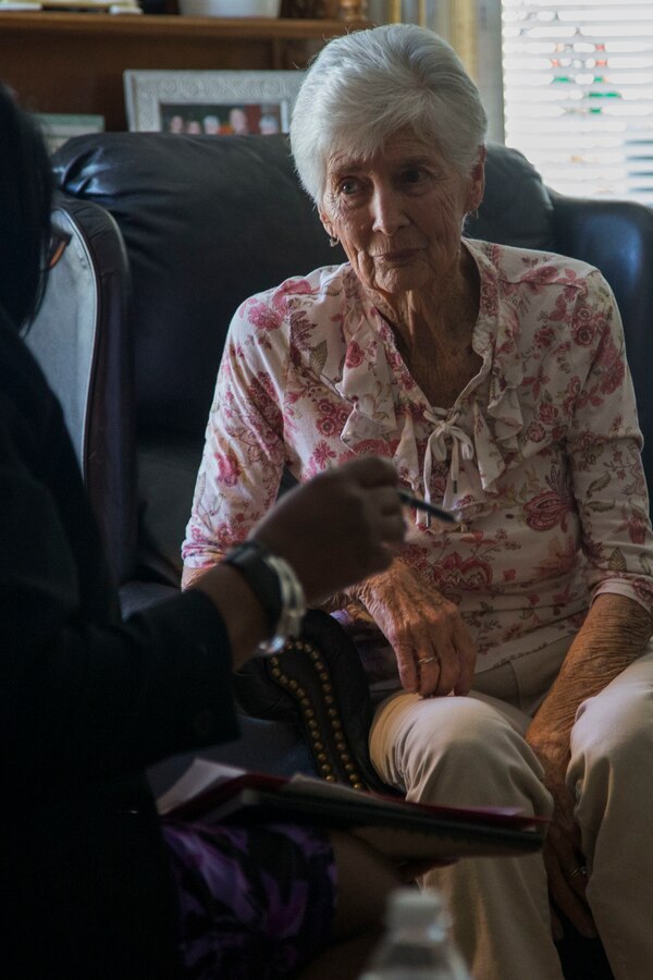 Pauline Stewart, sister of World War II veteran U.S. Marine Corps Sgt. Millard Odom, hears the details about her brother’s death in Vista, California, Oct. 17, 2018. Odom died on the first day of the battle of Tarawa at the age of 26 and his remains were identified on Aug. 20, 2018. (U.S. Marine Corps photo by Lance Cpl. Noah Rudash)
