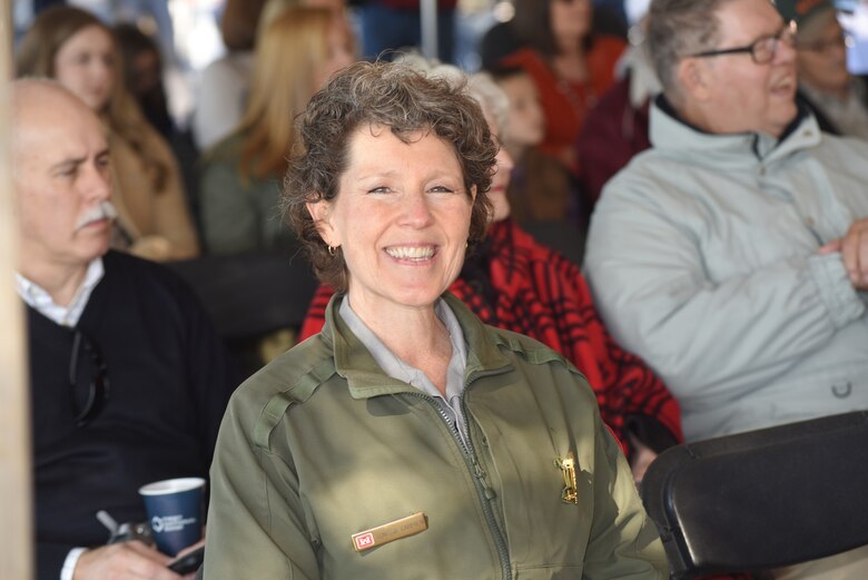 Park Ranger Sondra Carmen enjoys the 75th Anniversary Commemoration of Dale Hollow Dam Oct. 19, 2018 at the dam's overlook in Celina, Tenn. Lt. Col. Cullen Jones (not in photo), U.S. Army Corps of Engineers Nashville District commander, recognized her hard work over the past year planning and organizing the commemorative event. (USACE photo by Lee Roberts)