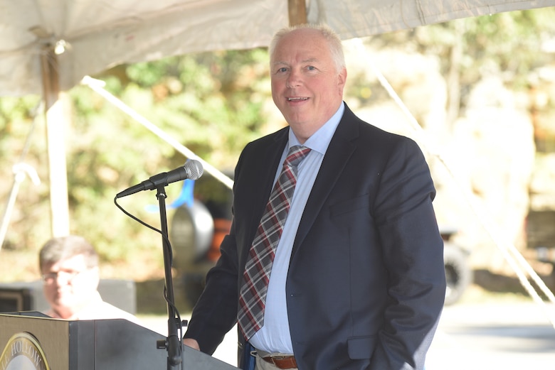 Bill Groth, AECOM Project Manager, represented Morris-Knudsen Company, now a legacy company of AECOM, speaks during the 75th Anniversary Commemoration of Dale Hollow Dam and Reservoir in Celina, Tenn., Oct. 19, 2018.  He noted how the contractor built the dam in a year and a half, which is half the time it normally takes to construct a dam the size of Dale Hollow Dam. (USACE photo by Lee Roberts)