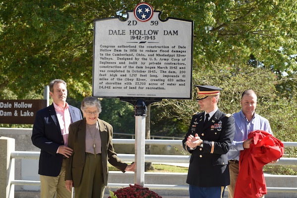 (Left to Right) Eddie Clark, regional field services director for the Tennessee Farm Bureau Federation; his mother Katherine Terry Clark, 92; Lt. Cullen Jones, U.S. Army Corps of Engineers Nashville District commander; and Stanley Carter, Dale Hollow Dam Power Plant superintendent; unveil a state of Tennessee Historical Marker recognizing the significance of Dale Hollow Dam and Powerhouse, and Reservoir during the 75th Anniversary Commemoration of Dale Hollow Dam and Reservoir Oct. 19, 2018. (USACE photo by Lee Roberts)