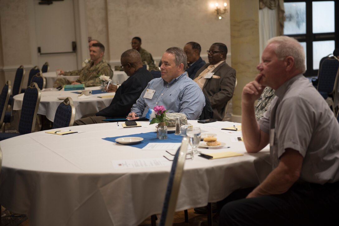 Ministers, pastors and deacons from the Hampton Roads community gather with military chaplains for a Shared Ministry Forum at Joint Base Langley-Eustis, Virginia, Oct. 11, 2018.