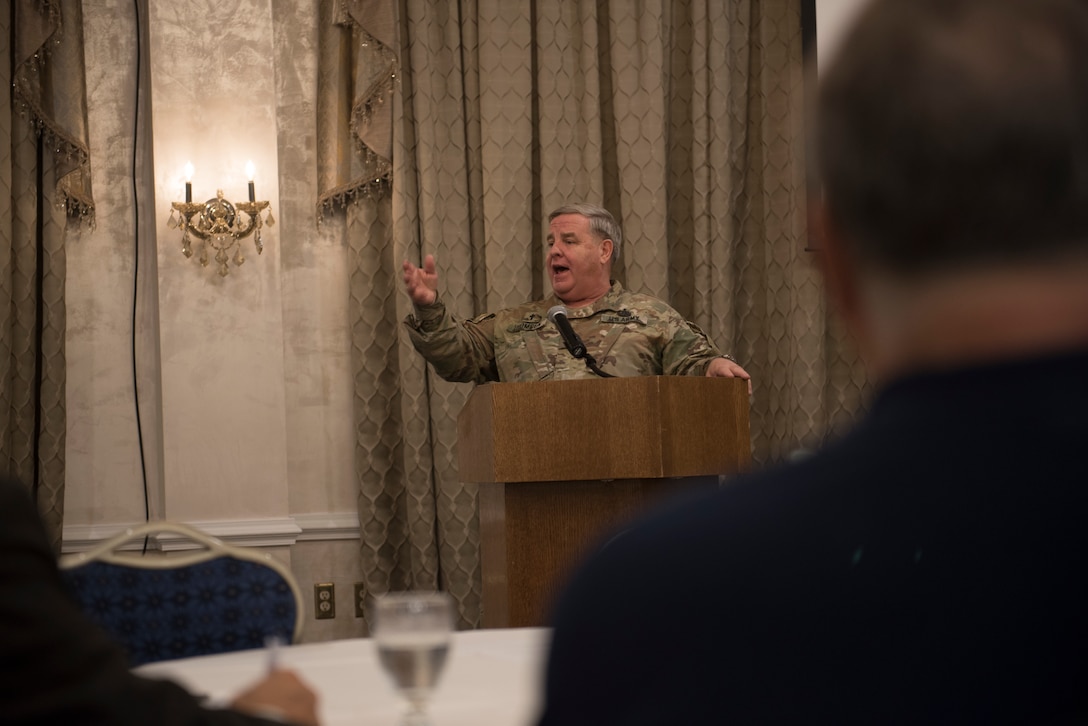 U.S. Army Col. Darrell Thomsen, Joint Base Langley-Eustis deputy chaplain, welcomes ministers, pastors and deacons from the Hampton Roads community to a Shared Ministry Forum at JBLE, Virginia, Oct. 11, 2018.