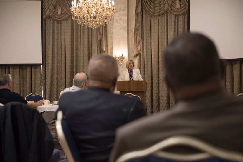 Kimberly Willis, Hampton Veterans Affairs Medical Center Chaplain Services chief, provides information and resources available to veterans within the VA during a Shared Ministry Forum at Joint Base Langley-Eustis, Virginia, Oct. 11, 2018.