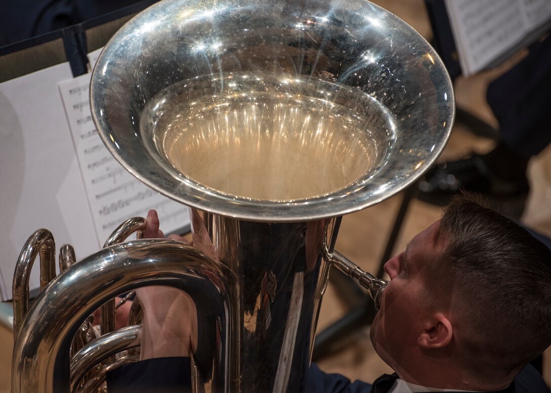 Tech. Sgt. Daniel Walley, U.S. Air Force musician, plays the tuba at V. Sue Cleveland High Concert Hall in Rio Rancho, N.M., Oct. 17, 2018. The band performed in locations across N.M. and Texas to inspire and engage the local communities. (U.S. Air Force photo by Senior Airman Abby L. Richardson)