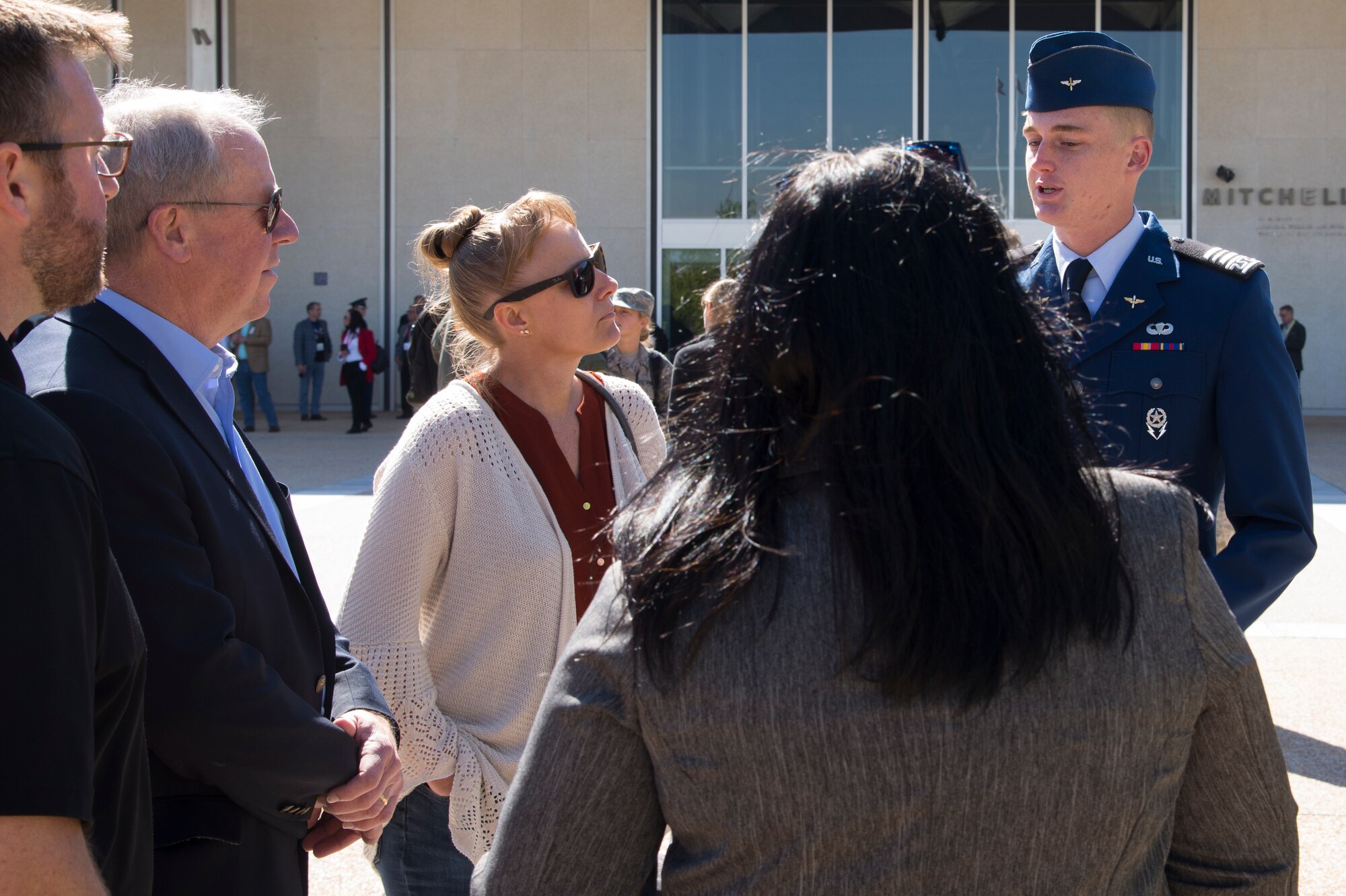 Local community leaders part of the 302nd Airlift Wing’s Partners in Leadership program speak with a cadet during a visit to the U.S. Air Force Academy, Colorado, Sept. 28. The 302nd Airlift Wing, Air Force Reserve-run program took participants to different Air Force organizations throughout 2018 where they learned about how Reserve and active duty units work together. (U.S. Air Force photo by Staff Sgt. Frank Casciotta)