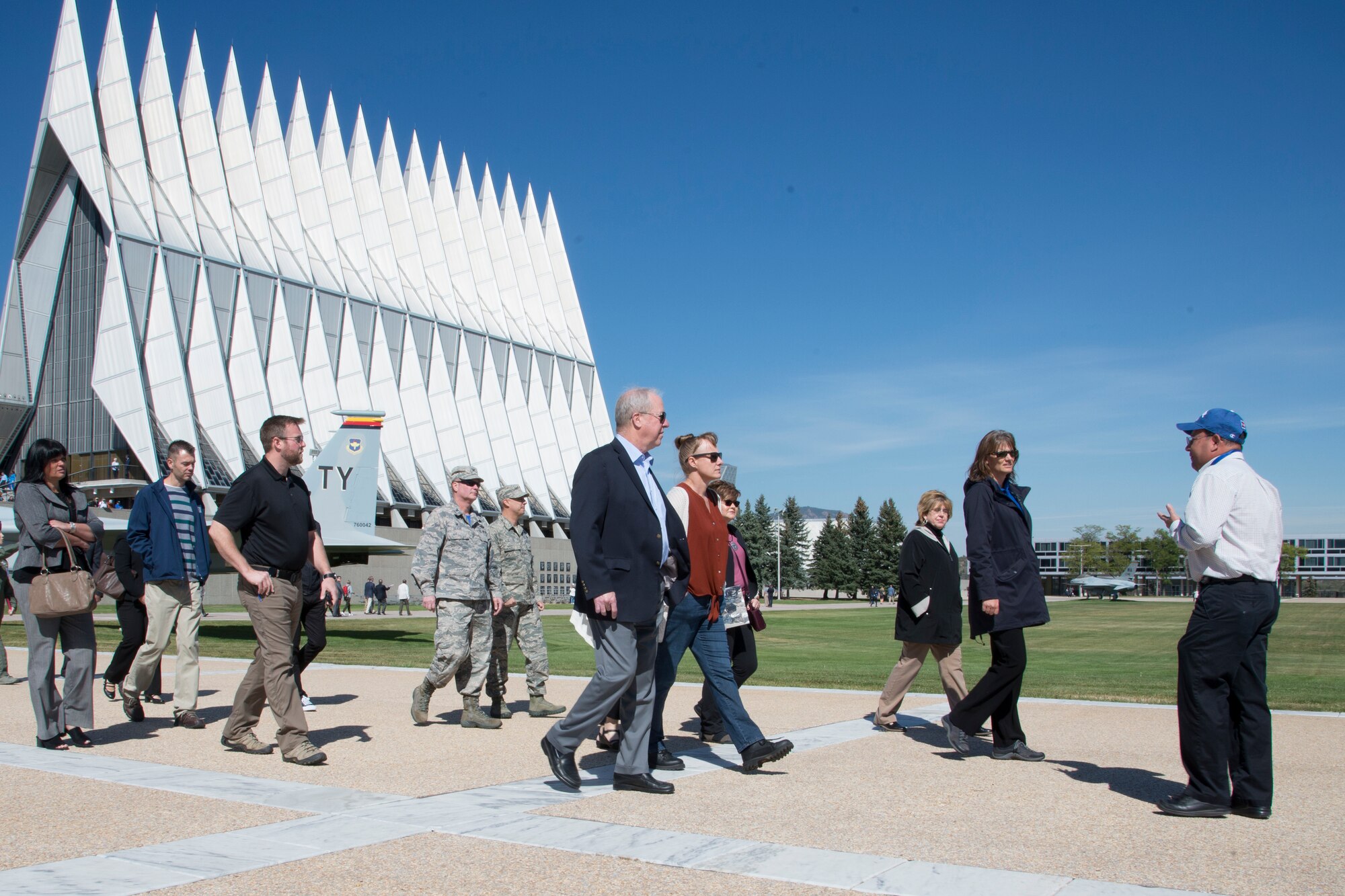 Participants in the 302nd Airlift Wing’s Partners in Leadership program walk campus grounds at the U.S. Air Force Academy, Colorado, Sept. 28. The program’s intent is to educate local community leaders on the mission sets of the Air Force Reserve and how it integrates with active duty. (U.S. Air Force photo by Staff Sgt. Frank Casciotta)