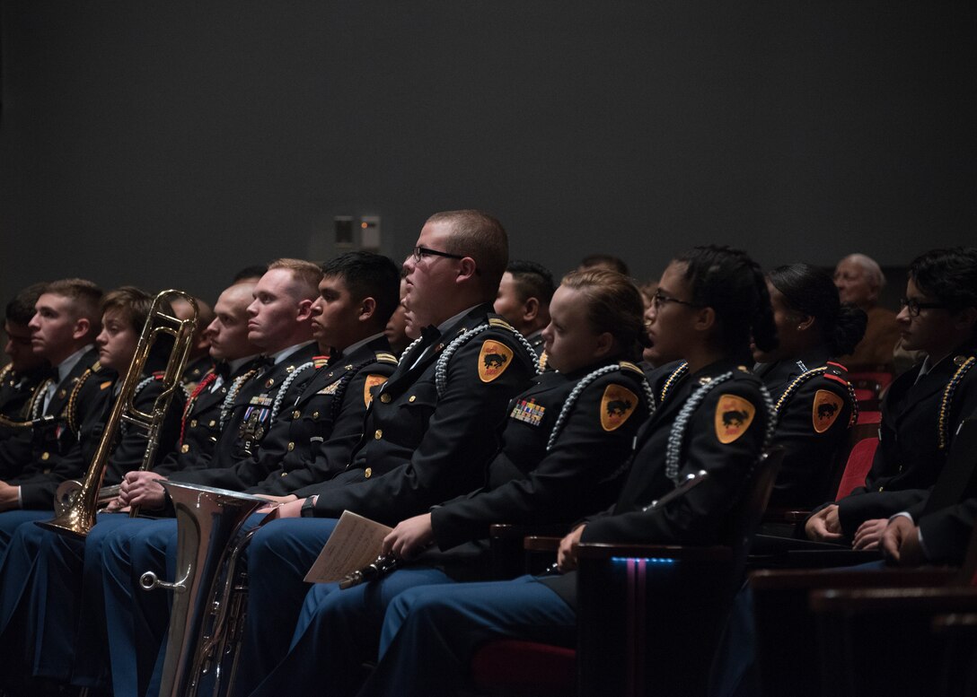 New Mexico Military Institute students listen to the U.S. Air Force Band during a concert at the institute in Roswell, N.M., Oct. 18, 2018. Band performances aim to positively impact the community and inspire patriotism. (U.S. Air Force photo by Senior Airman Abby L. Richardson)