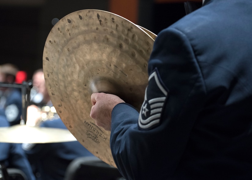 Master Sgt. Mark Dinitz, U.S. Air Force Band percussionist, plays the cymbals at the Wagner Noël Performing Arts Center in Midland, Texas, Oct. 21, 2018. The band performed in locations across New Mexico and Texas to inspire and engage the local communities. (U.S. Air Force photo by Senior Airman Abby L. Richardson)