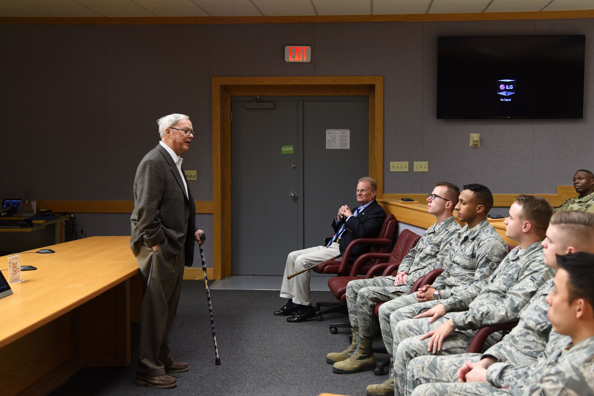 Retired U.S. Air Force Col. Harlan Bruha, former Air Force School of Applied Cryptologic Sciences commander, speaks during the 60-year anniversary of intelligence training in the Piper Auditorium at Sebers Hall on Goodfellow Air Force Base, Oct. 19, 2018. Bruha spoke about what Goodfellow was like when he was a commander. (U.S. Air Force photo by Staff Sgt. Joshua Edwards/Released)