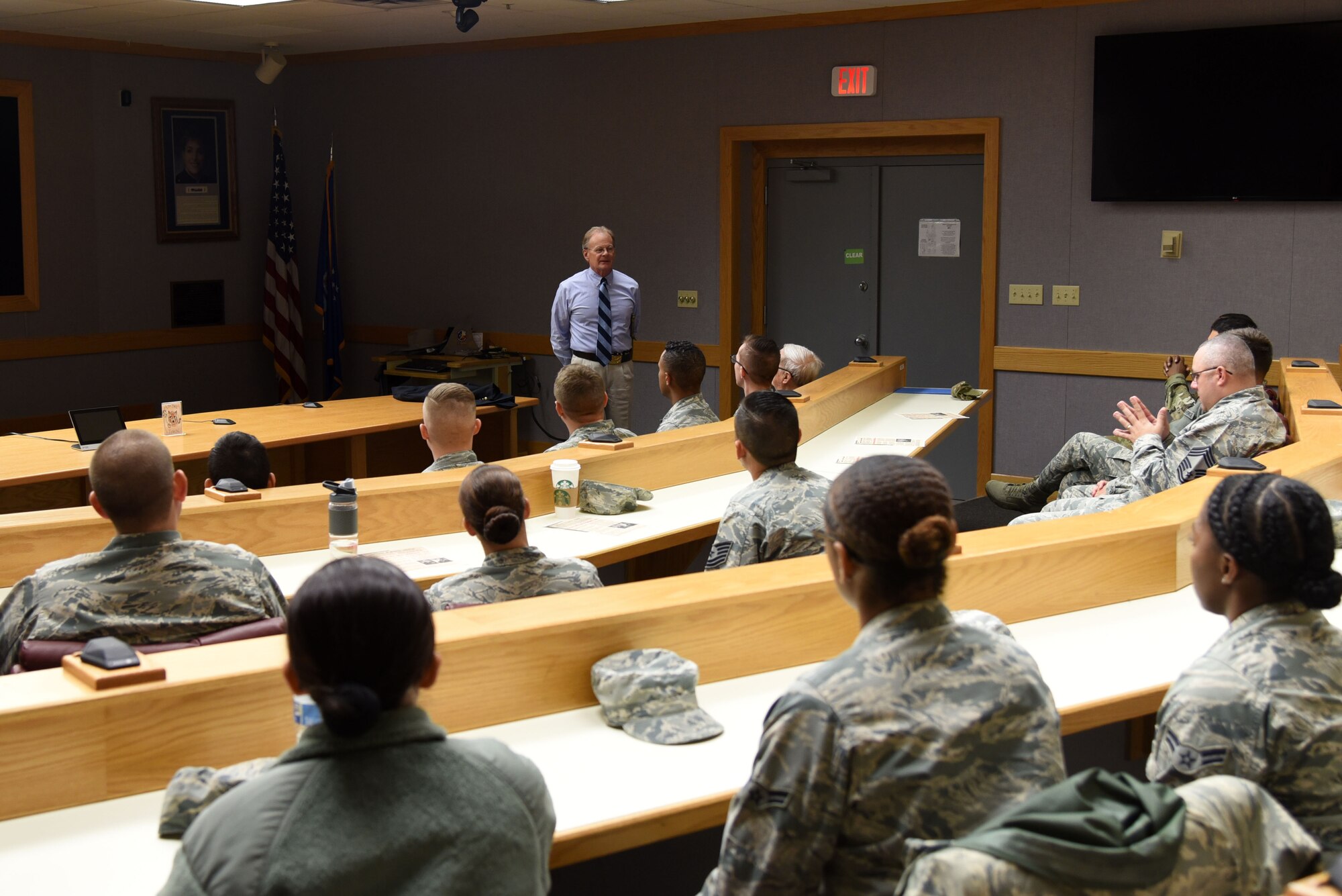 316th Training Squadron Honorary Commander, Theodore Hargrove III, speaks during the 60-year anniversary of intelligence training in the Piper Auditorium at Sebers Hall on Goodfellow Air Force Base, Oct. 19, 2018. Hargrove spoke about the anniversary of the Battle of Yorktown. (U.S. Air Force photo by Staff Sgt. Joshua Edwards/Released)