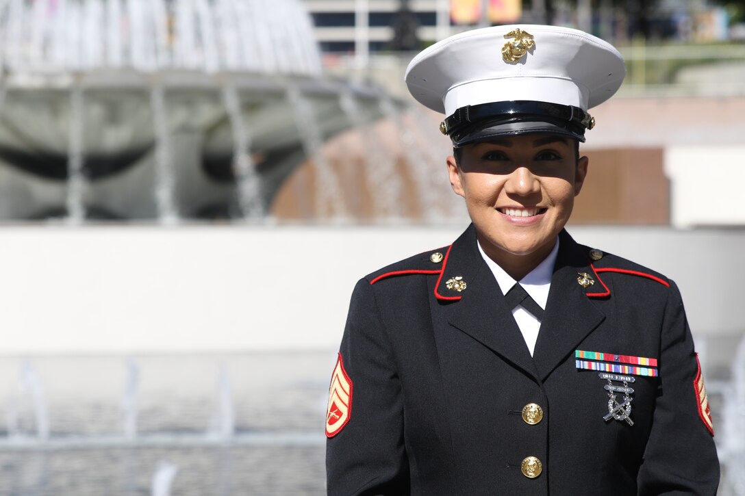 Staff Sgt. Jennie Castillo stands out side of the Kenneth Hahn Hall of Administration after being awarded the County of Los Angeles Commendation in CA, Oct. 16, 2018. Castillo was awarded the County of Los Angeles Commendation by the Board of Supervisors for applying first aid to a high school student, saving his life.