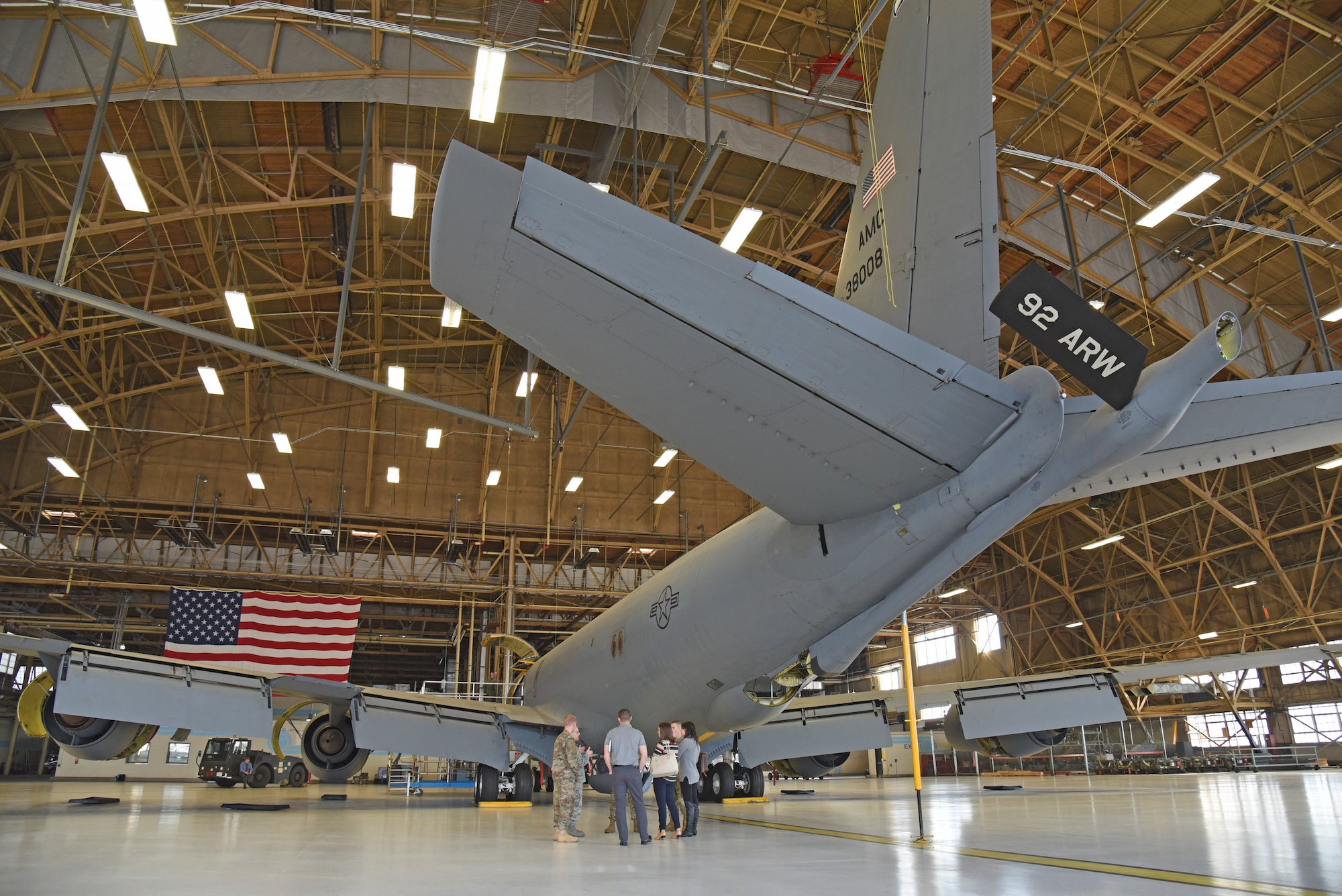 Members of the 92nd Maintenance Group explain the strategic importance of the KC-135 Stratotanker to congressional staffers during a tour Oct. 18, 2018, at Fairchild Air Force Base, Washington. Members of the 92nd Operations Group and 92nd MXG gave staffers a tour of the KC-135, highlighting various aspects of the aircraft including the boom and Block 45 upgrade. (U.S. Air Force photo/Staff Sgt. Mackenzie Mendez)