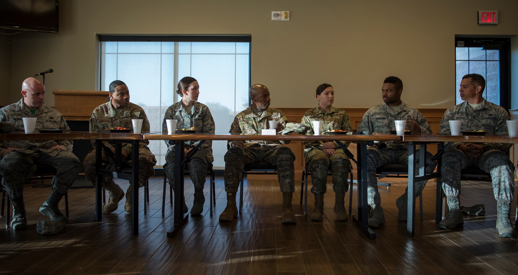 Chief Master Sgt. of the Air Force Kaleth O. Wright speaks to Airmen at Nellis Air Force Base, Nevada, Oct. 19, 2018. They discussed personal and professional goals as well as what to look forward to in the coming years. (U.S. Air Force photo by Airman 1st Class Andrew D. Sarver)