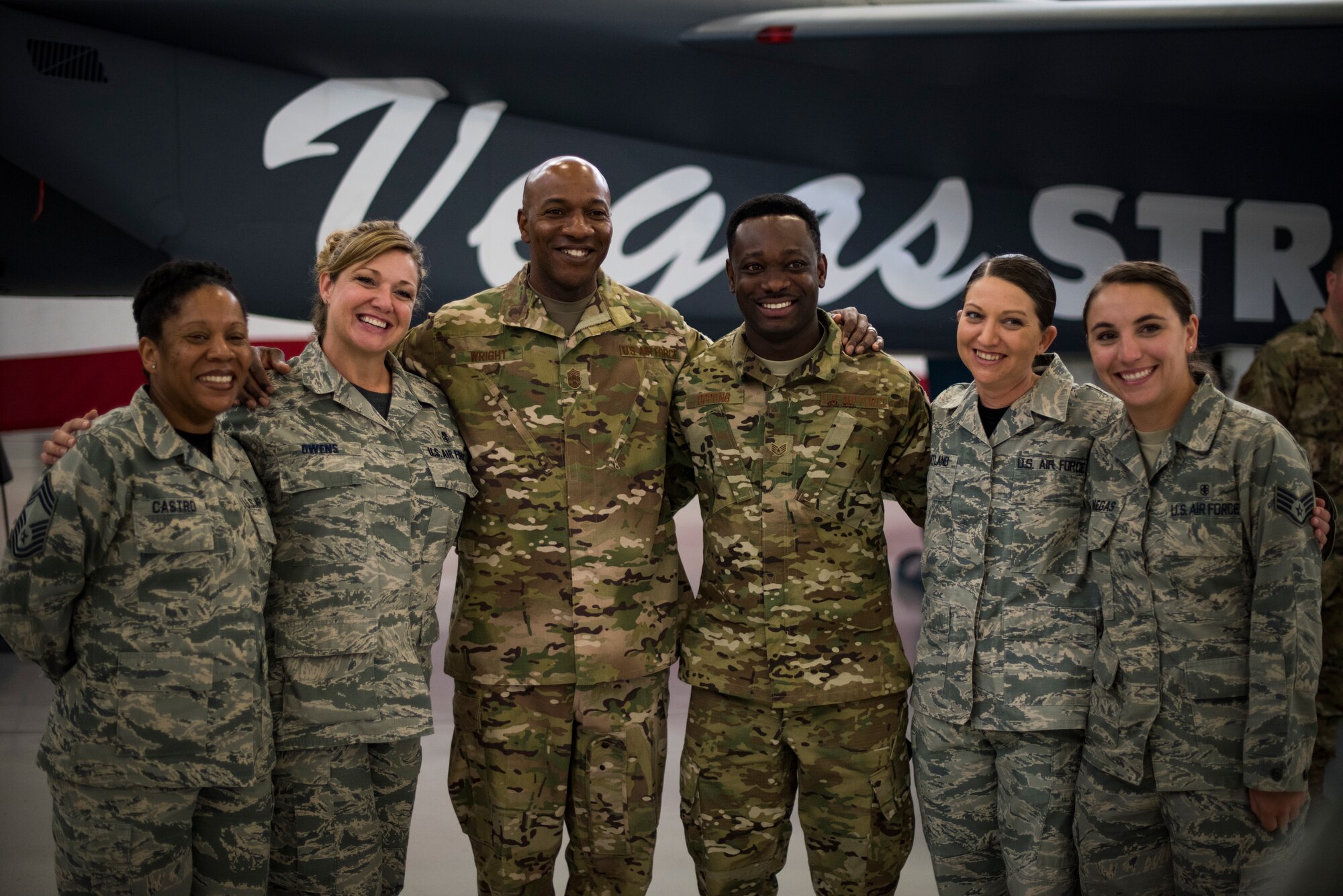 Chief Master Sgt. of the Air Force Kaleth O. Wright stands with Airmen assigned to the 99th Medical Group Oct. 19, 2018 at Nellis Air Force Base, Nevada. Wright visited multiple areas on base to meet Airmen and learn about what their role is at Nellis AFB. (U.S. Air Force photo by Airman 1st Class Andrew D. Sarver)