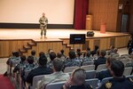 BUSAN, Republic of Korea (Oct. 17, 2018) Rear Adm. Michael E. Boyle, commander, U.S. Naval Forces Korea gives opening remarks to members of the United Nations Sending States during the fifth annual United Nations Command Naval Component Countermeasures Symposium in Busan. This three day symposium is aimed at increasing multinational interoperability and cooperation along with strengthening partnerships between participating nations with mine countermeasure forces.