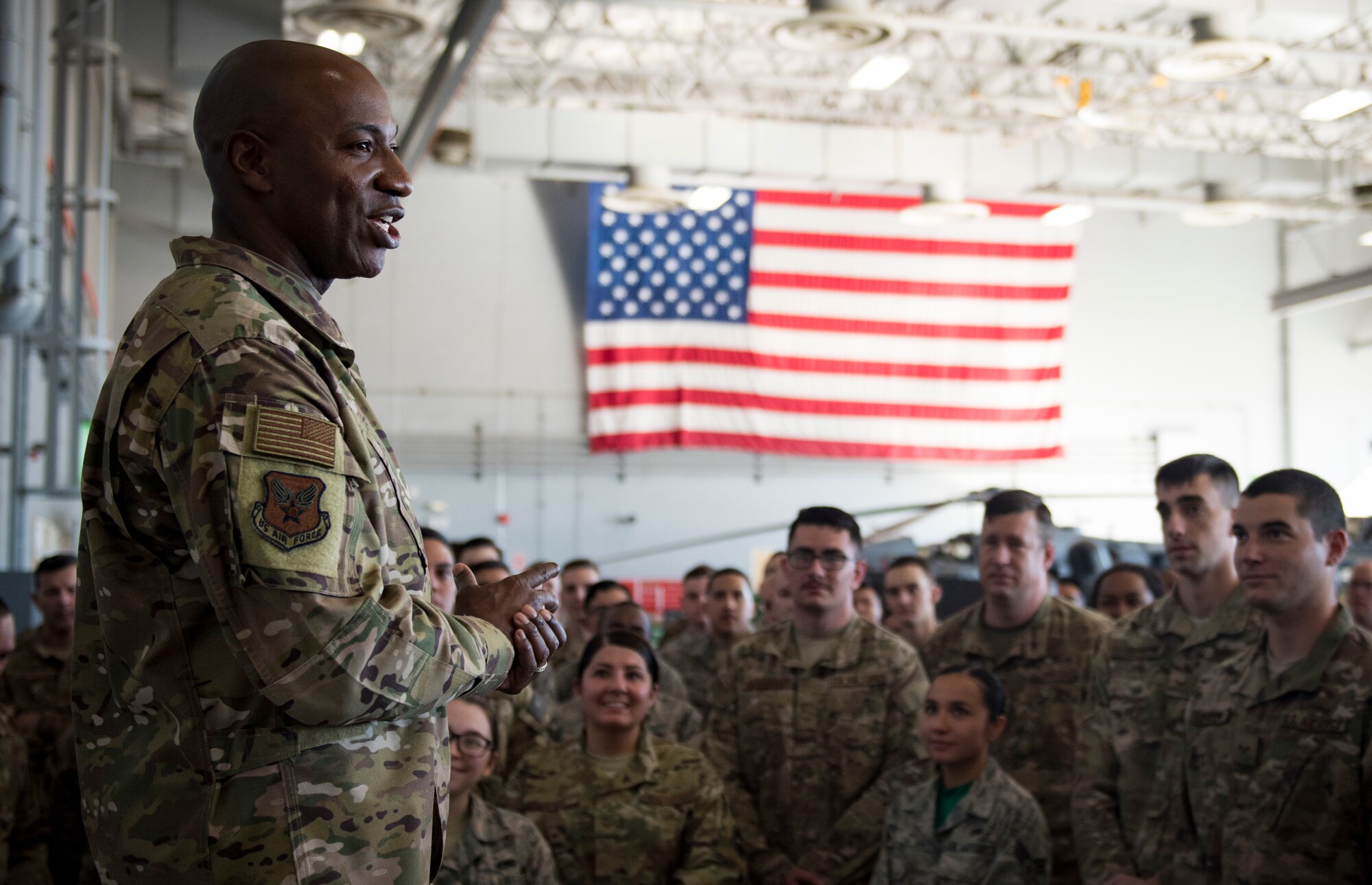 Chief Master Sgt. of the Air Force Kaleth O. Wright speaks to members of the 823rd Maintenance Squadron during a base tour Oct. 19, 2018, at Nellis Air Force Base, Nevada. Wright spoke to Airmen about upcoming policy changes. (U.S. Air Force photo by Airman 1st Class Andrew D. Sarver)