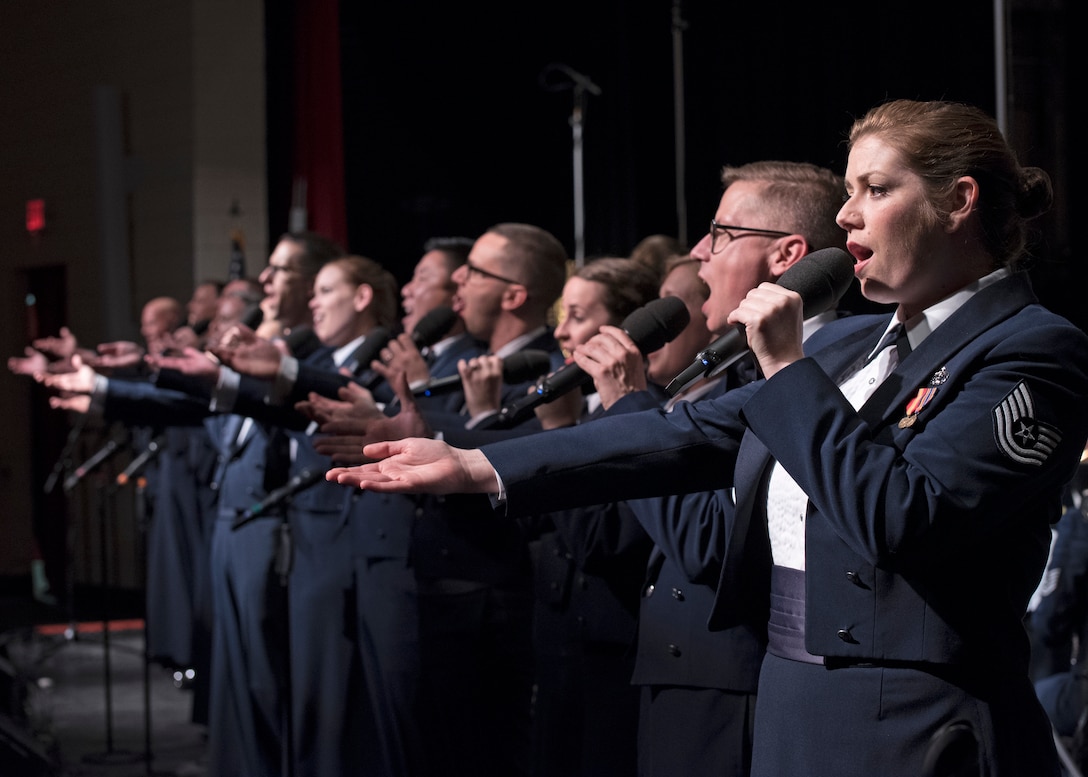 Members of the U.S. Air Force Band’s Singing Sergeants perform at the Karen D. Young Memorial Auditorium in Van Horn, Texas, Oct. 20, 2018. The band aims to inspire patriotism and service as well as honor veterans. (U.S. Air Force photo by Senior Airman Abby L. Richardson)
