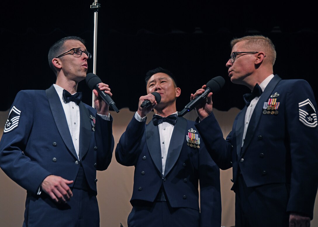 Members of the U.S. Air Force Band’s Singing Sergeants perform at the Karen D. Young Memorial Auditorium in Van Horn, Texas, Oct. 20, 2018. The band aims to inspire patriotism and service as well as honor veterans. (U.S. Air Force photo by Senior Airman Abby L. Richardson)