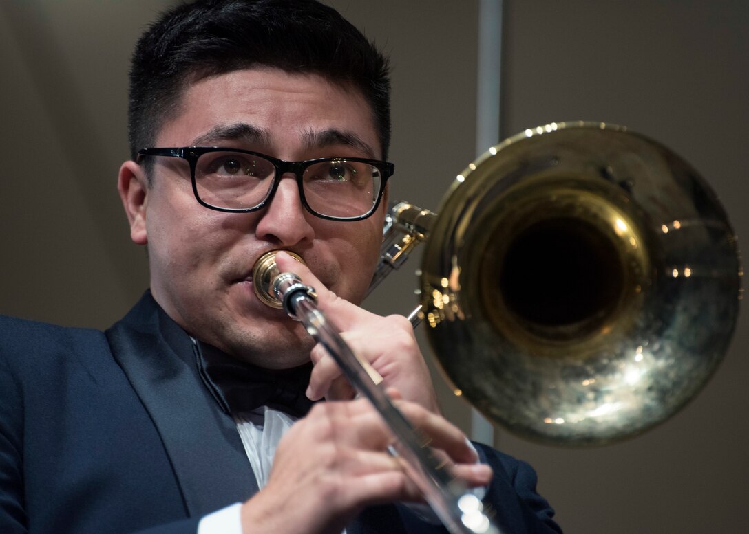 Tech. Sgt. David González Jr., U.S. Air Force Band trombonist, performs at the University of Texas in El Paso, Texas, Oct. 19, 2018. Band performances aim to positively impact the community and inspire patriotism. (U.S. Air Force photo by Senior Airman Abby L. Richardson)