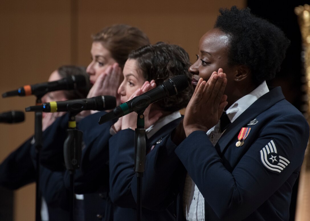 U.S. Air Force Band’s Singing Sergeants vocalists perform at the V. Sue Cleveland High Concert Hall in Rio Rancho, N.M., Oct. 17, 2018. The band aims to inspire patriotism and service as well as honor veterans. (U.S. Air Force photo by Senior Airman Abby L. Richardson)