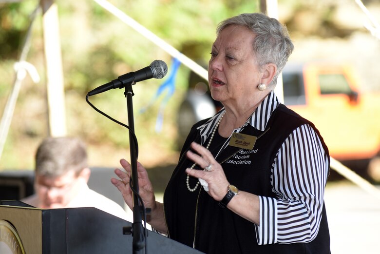 Ruth Dyal, Upper Cumberland Tourism Association executive director, speaks about tourism and benefits of the lake during the 75th Anniversary Commemoration of Dale Hollow Dam and Reservoir in Celina, Tenn., Oct. 19, 2018. (USACE photo by Lee Roberts)