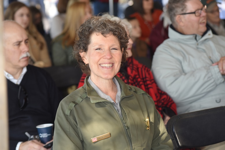 Park Ranger Sondra Carmen enjoys the 75th Anniversary Commemoration of Dale Hollow Dam Oct. 19, 2018 at the dam's overlook in Celina, Tenn. Lt. Col. Cullen Jones (not in photo), U.S. Army Corps of Engineers Nashville District commander, recognized her hard work over the past year planning and organizing the commemorative event. (USACE photo by Lee Roberts)
