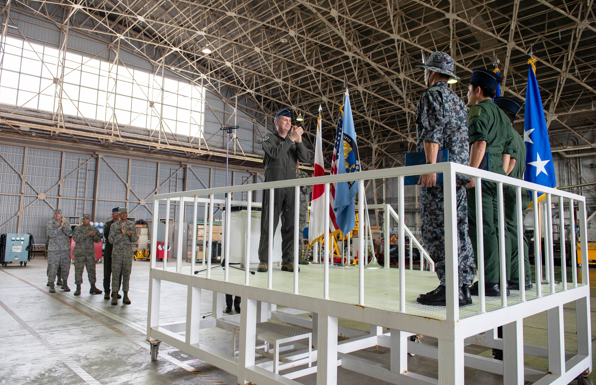 U.S. Forces Japan and 5th Air Force Commander, Lt. Gen. Jerry Martinez visited Naha Air Base, Japan, Oct. 15th, to recognize members of the Naha Air Rescue Squadron, Southwestern Air Defense Force, for their heroic actions.