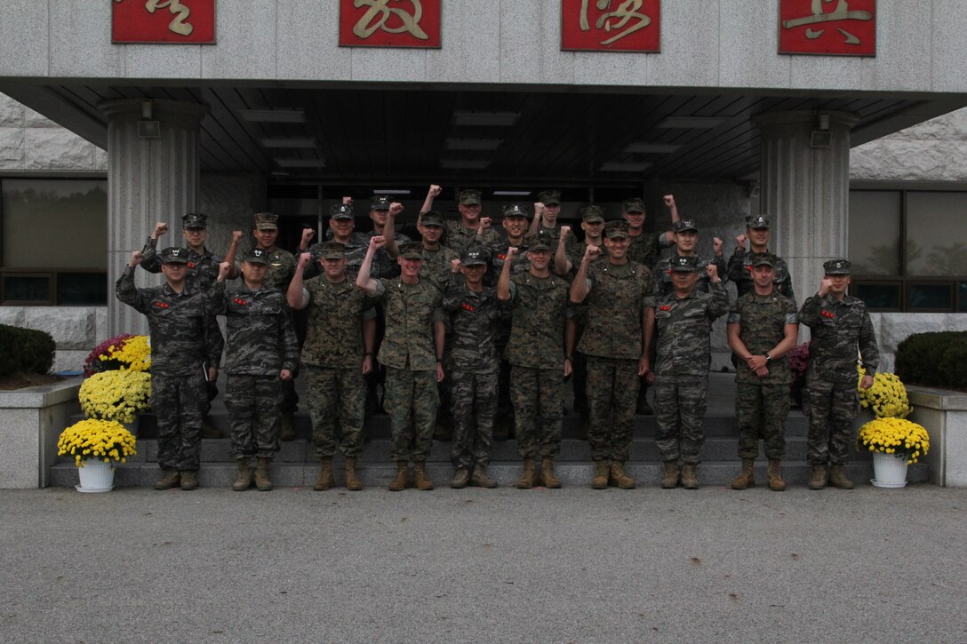 MARINE CORPS BASE BARAN, Republic of Korea – U.S. Marine Corps Forces Korea and Republic of Korea Marines conduct a combined staff talk here, Oct. 22.  MARFORK, U.S. Marine Corps Forces Pacific, III Marine Expeditionary Force leadership visited the ROK Marine Corps headquarters to speak with their counterparts in order to strengthen their relationships and foster mutual understanding. (U.S. Marine Corps photo by Sgt. Nathaniel Hanscom/Released)