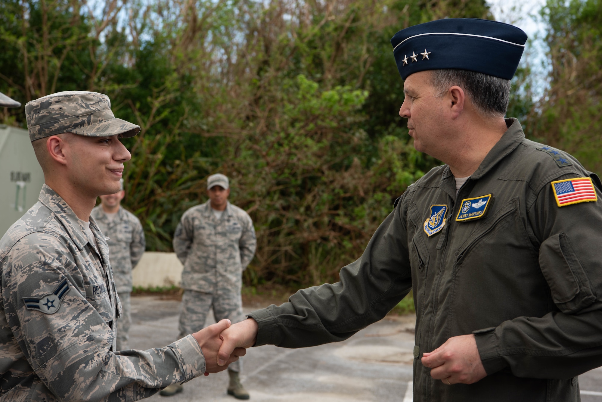 Lt. Gen. Jerry Martinez, U.S. Forces, Japan and 5th Air Force commander, observes the flight line from an air traffic control tower Oct. 16, 2018, at Kadena Air Base, Japan. Martinez visited Kadena Air Base with Chief Master Sgt. Terrence Greene, USFJ and 5th Air Force command chief, to observe the mission and engage the Airmen, spouses, and families of Team Kadena.  (U.S. Air Force photo by Senior Airman Kristan Campbell)